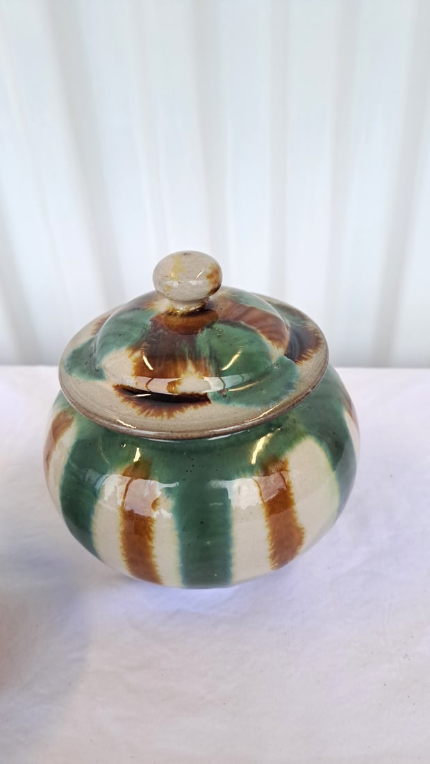 3 Glazed Ceramic Pottery Pieces Floral Bowl, Striped Lidded Jar, Hickory Farms Toothpick Holder - 7