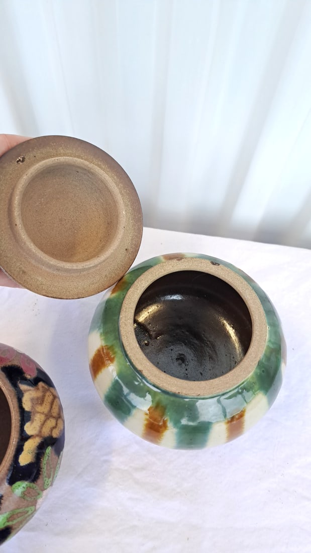 3 Glazed Ceramic Pottery Pieces Floral Bowl, Striped Lidded Jar, Hickory Farms Toothpick Holder - 8