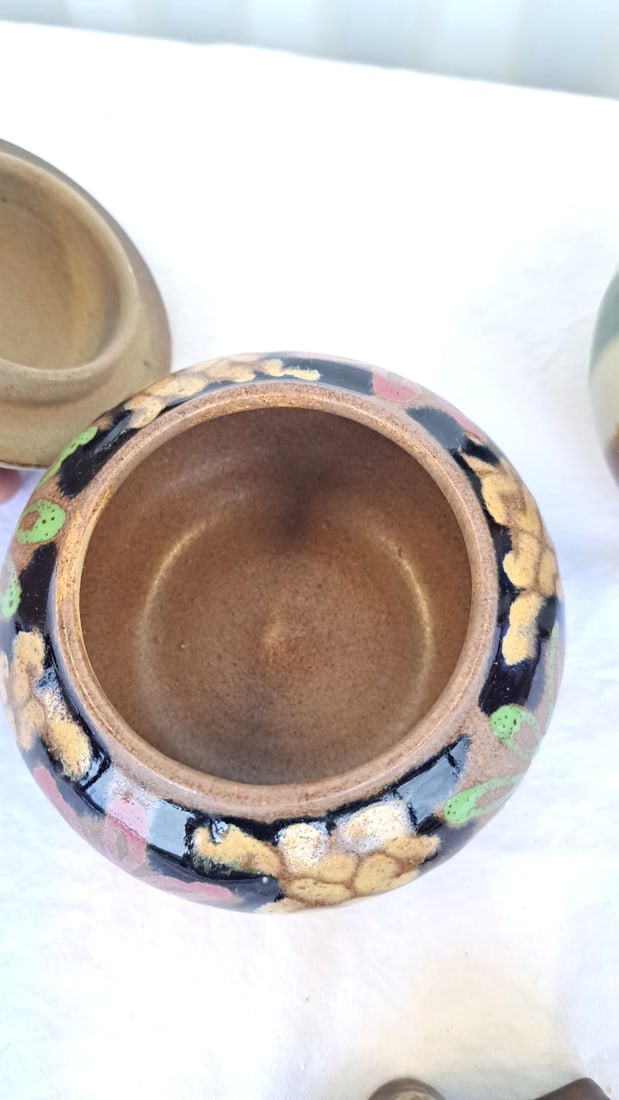 3 Glazed Ceramic Pottery Pieces Floral Bowl, Striped Lidded Jar, Hickory Farms Toothpick Holder - 9