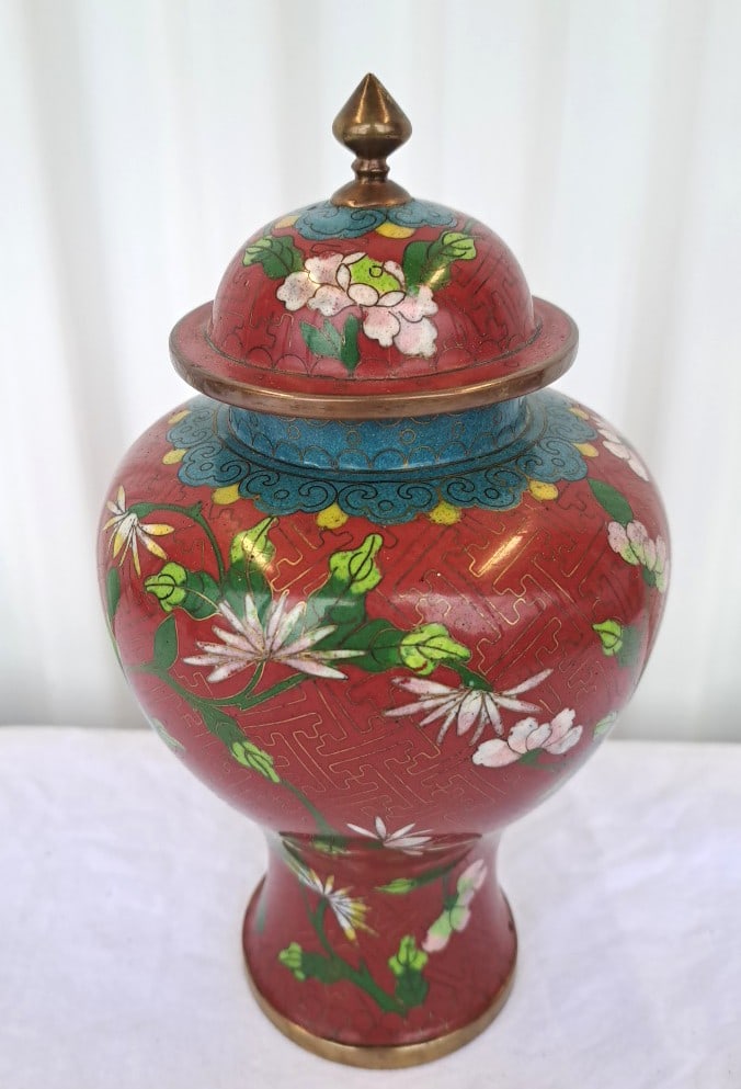Chinese Cloisonn Enamel Red Floral Lidded Ginger Jar With Brass Finial (1 of 9)