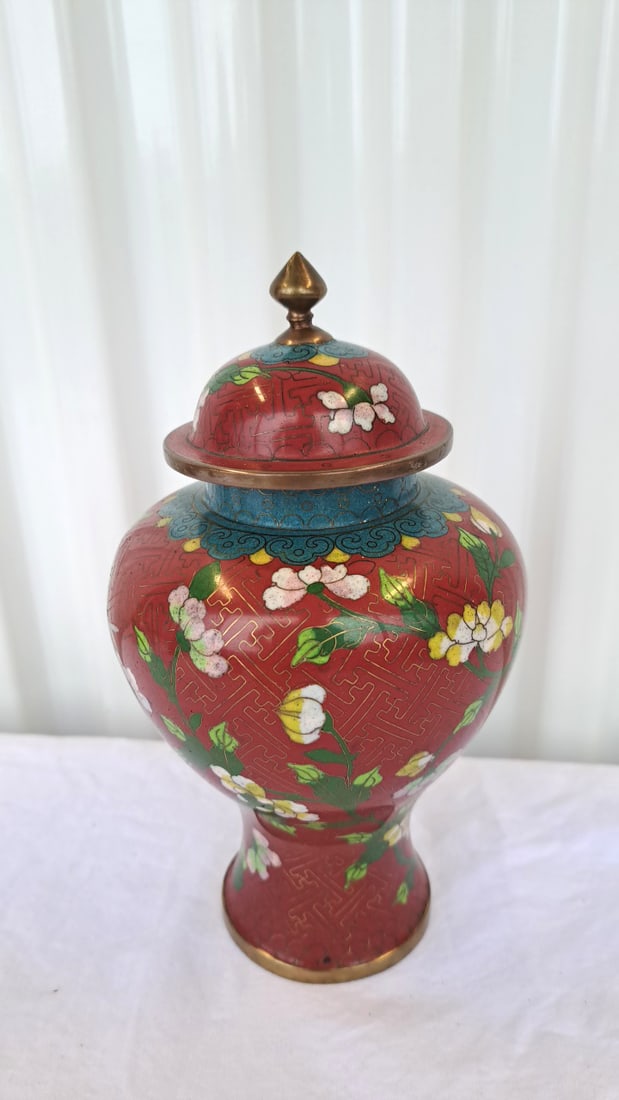 Chinese Cloisonn Enamel Red Floral Lidded Ginger Jar With Brass Finial - 2