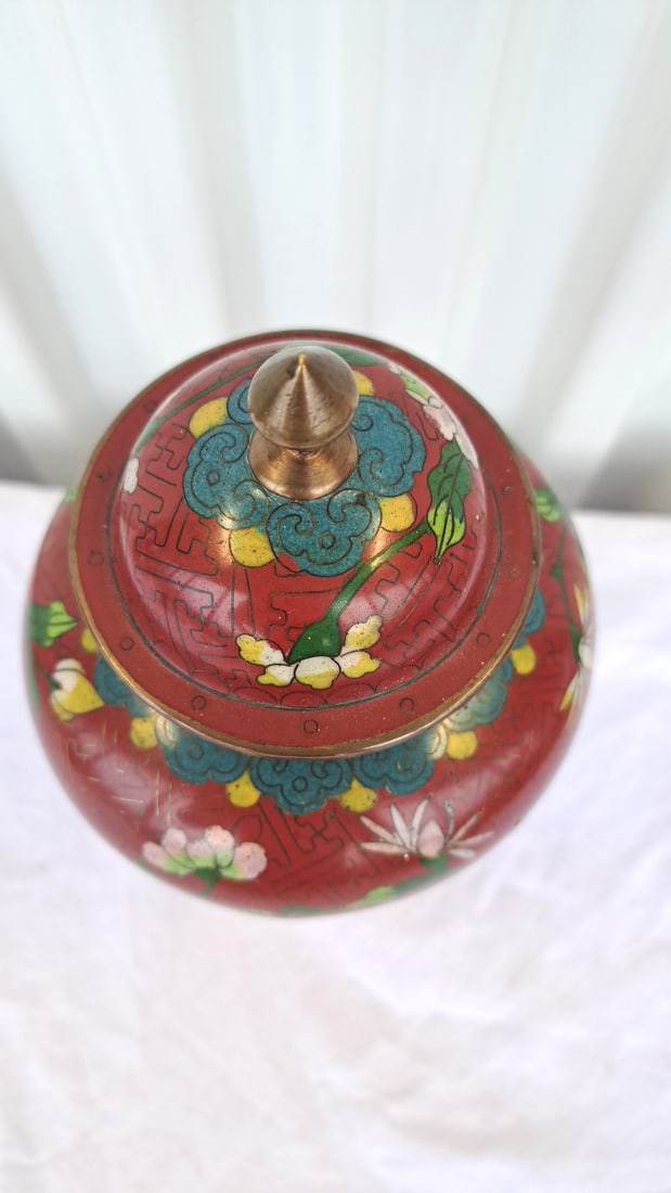 Chinese Cloisonn Enamel Red Floral Lidded Ginger Jar With Brass Finial - 5