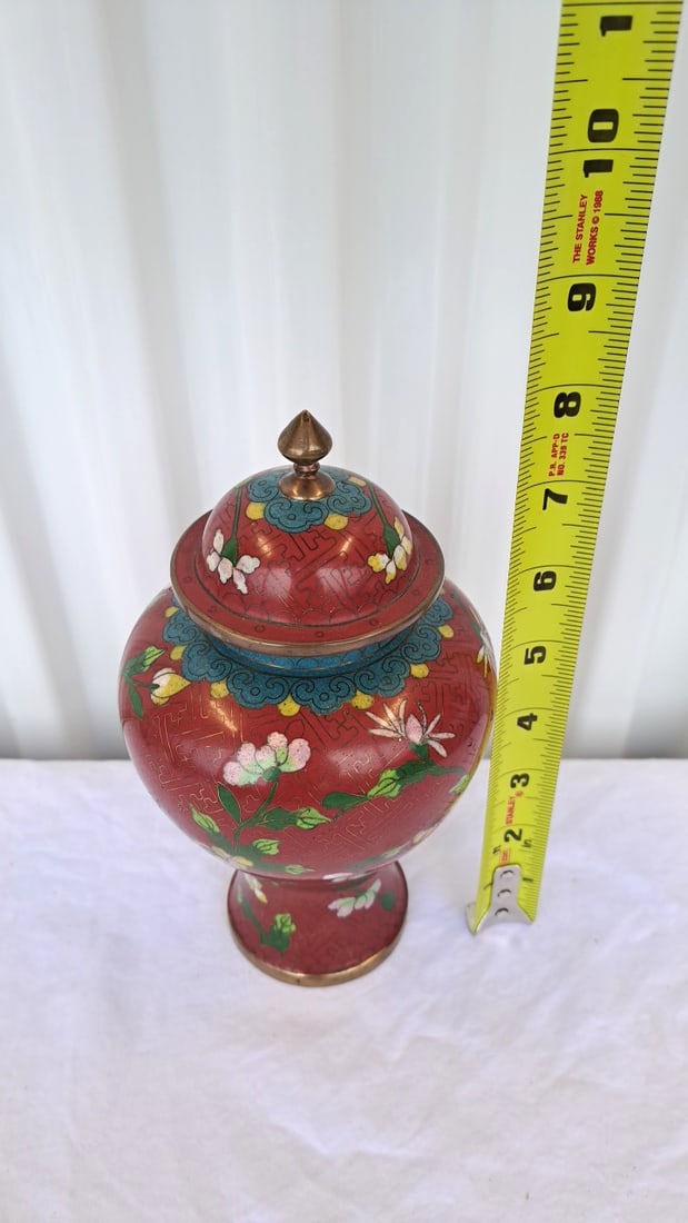 Chinese Cloisonn Enamel Red Floral Lidded Ginger Jar With Brass Finial - 8