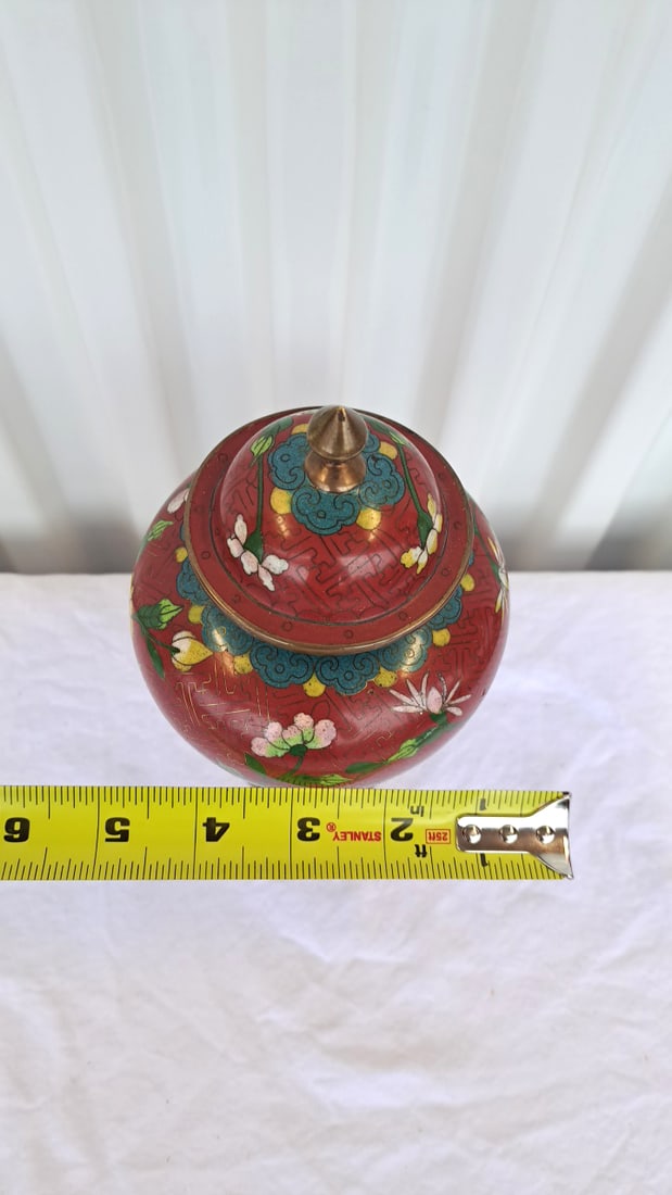 Chinese Cloisonn Enamel Red Floral Lidded Ginger Jar With Brass Finial - 9