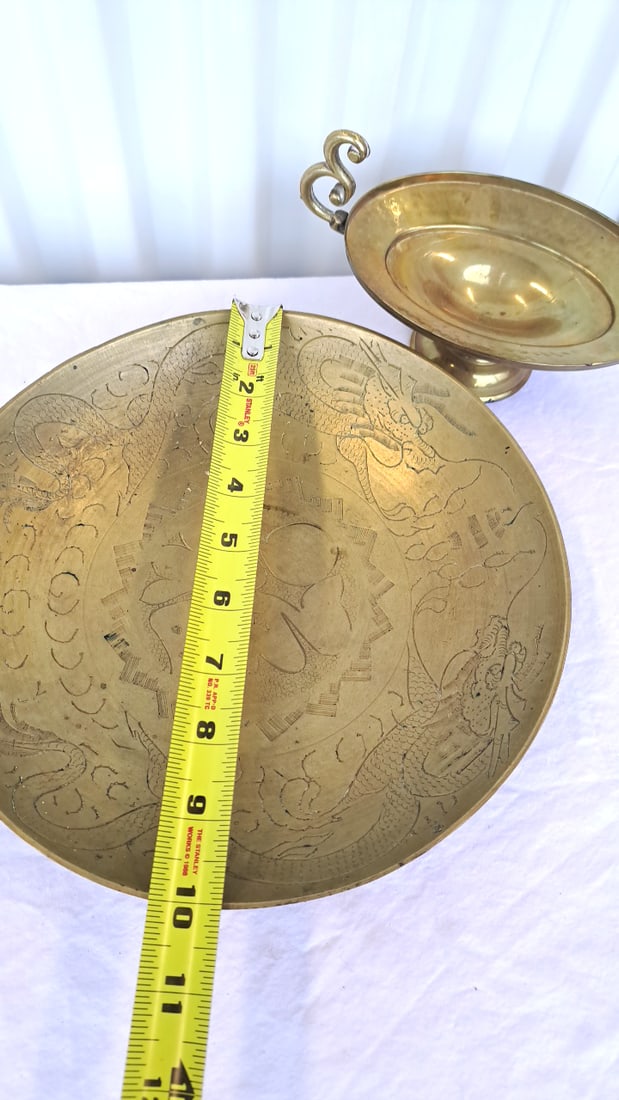 10 In Engraved Brass Dragon Bowl And Other Pedestal Dish - 2