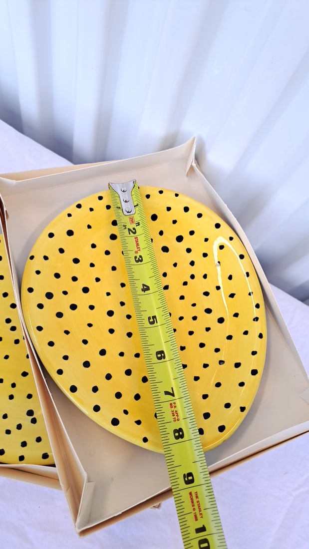Dept 56 2 Yellow Ceramic Plates With Black Polka Dot Pattern - 2