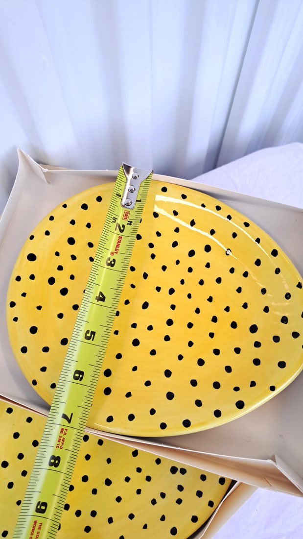 Dept 56 2 Yellow Ceramic Plates With Black Polka Dot Pattern - 3
