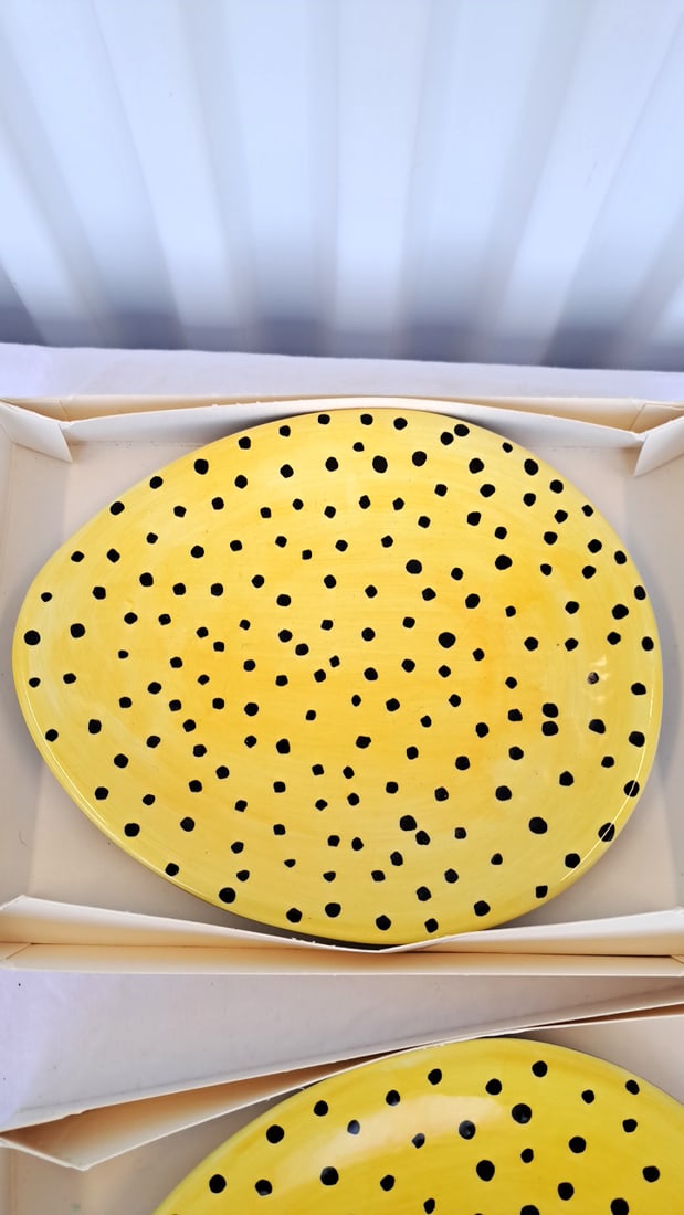 Dept 56 2 Yellow Ceramic Plates With Black Polka Dot Pattern - 5