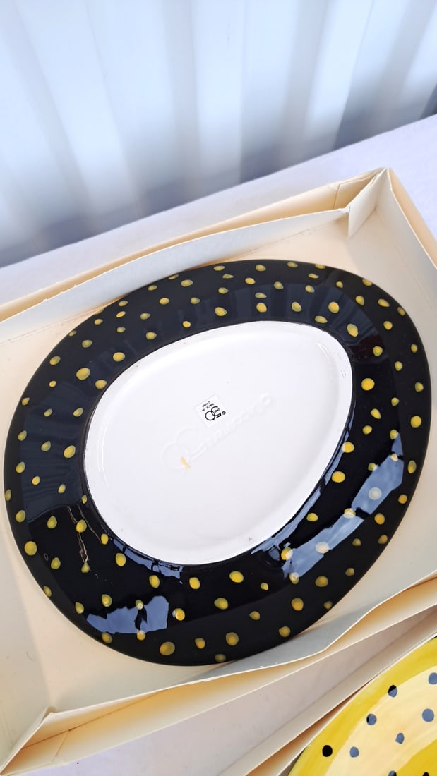 Dept 56 2 Yellow Ceramic Plates With Black Polka Dot Pattern - 6