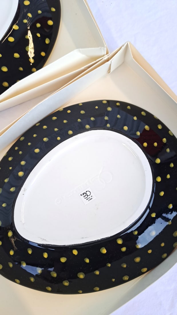Dept 56 2 Yellow Ceramic Plates With Black Polka Dot Pattern - 7