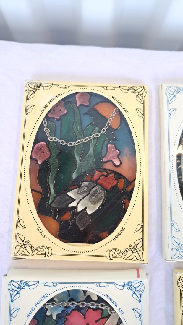 4 Joan Baker Hand Painted Glass Hanging Window Art Suncatchers Hummingbird Rose Floral - 2