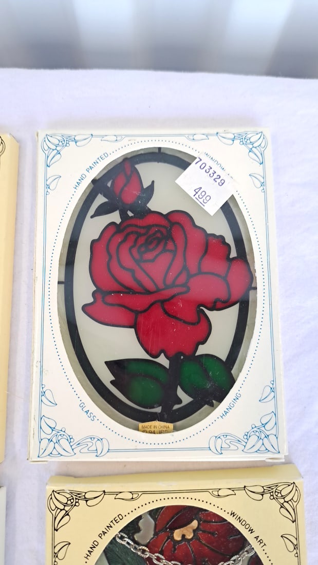 4 Joan Baker Hand Painted Glass Hanging Window Art Suncatchers Hummingbird Rose Floral - 3