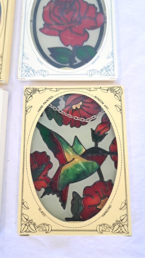 4 Joan Baker Hand Painted Glass Hanging Window Art Suncatchers Hummingbird Rose Floral - 4