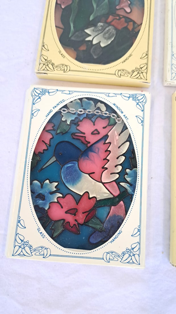 4 Joan Baker Hand Painted Glass Hanging Window Art Suncatchers Hummingbird Rose Floral - 5