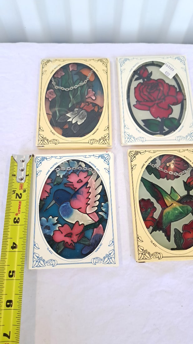 4 Joan Baker Hand Painted Glass Hanging Window Art Suncatchers Hummingbird Rose Floral - 6