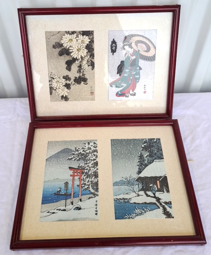 Pair Of Framed Japanese Woodblock Prints With Geisha, Flowers & Snow Scenes: 11 x 9 x 2in. 1lb Low Estimate: 50.00 High Estimate: 300.00