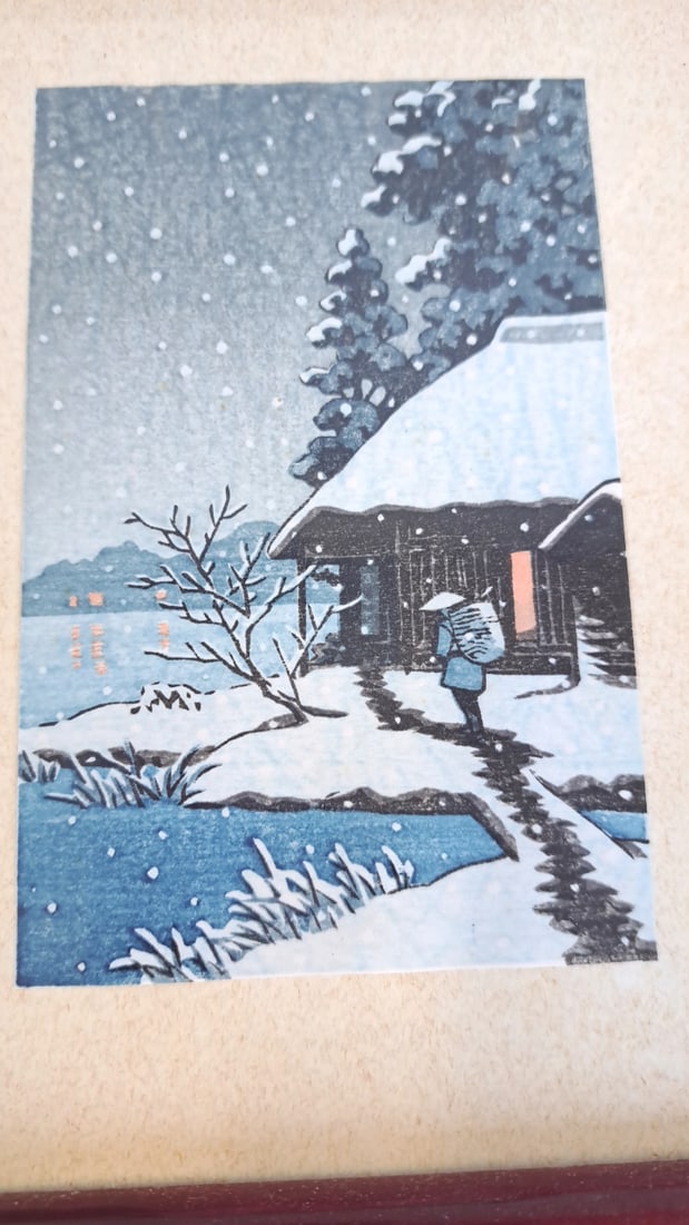 Pair Of Framed Japanese Woodblock Prints With Geisha, Flowers & Snow Scenes - 5