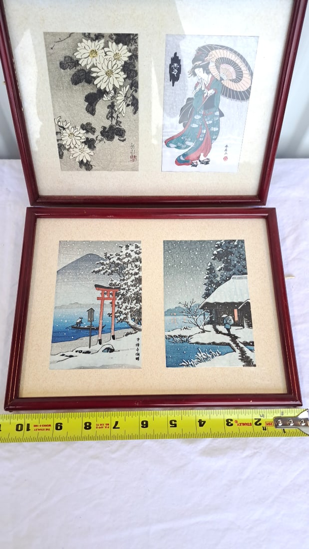Pair Of Framed Japanese Woodblock Prints With Geisha, Flowers & Snow Scenes - 6