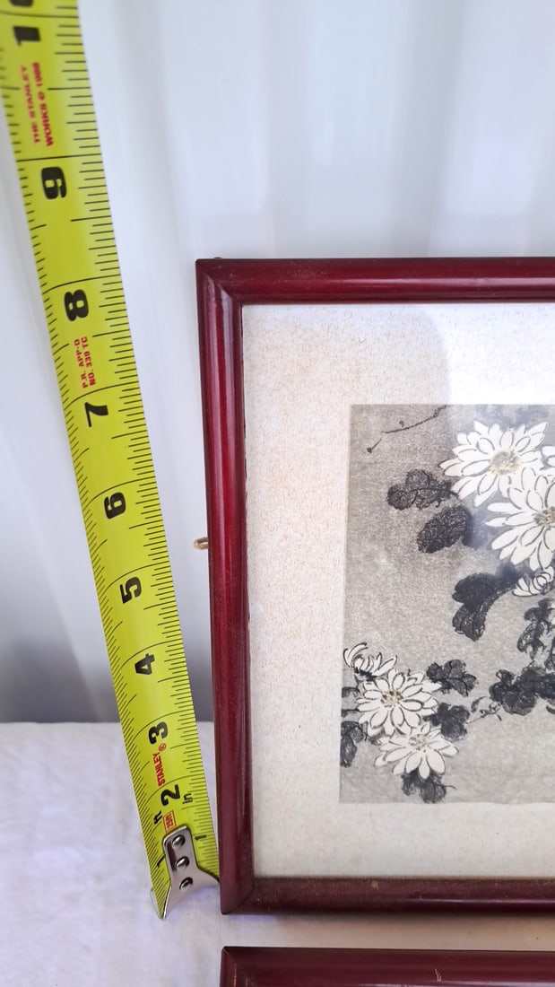 Pair Of Framed Japanese Woodblock Prints With Geisha, Flowers & Snow Scenes - 7