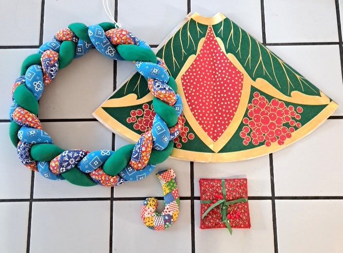 Christmas Fabric Decor Lot Braided Wreath, Tree Skirt, Patchwork J Ornament, Mats (1 of 9)