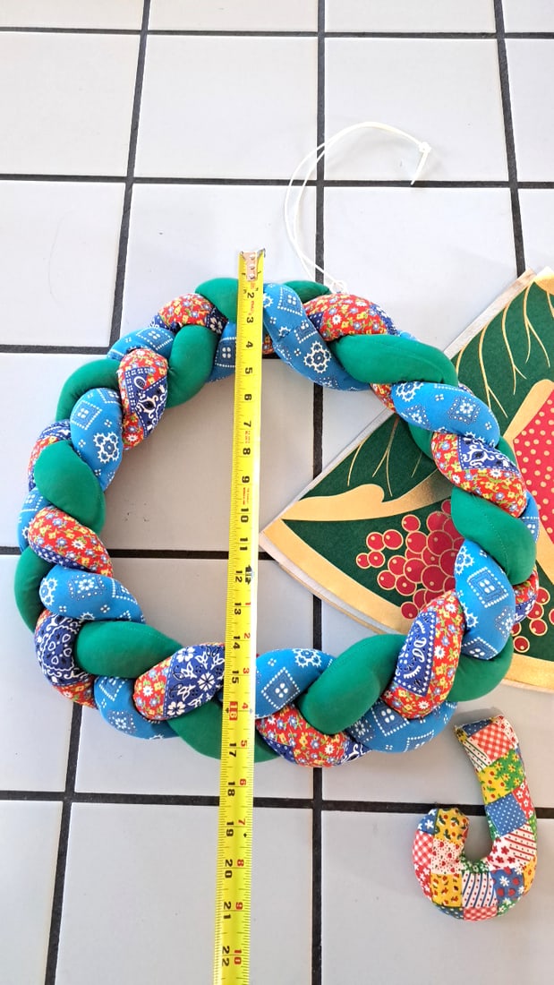 Christmas Fabric Decor Lot Braided Wreath, Tree Skirt, Patchwork J Ornament, Mats - 2