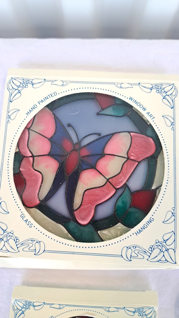 Joan Baker 4 Hand Painted Glass Window Art Hangings Butterfly Hummingbird Cardinal Flowers - 2