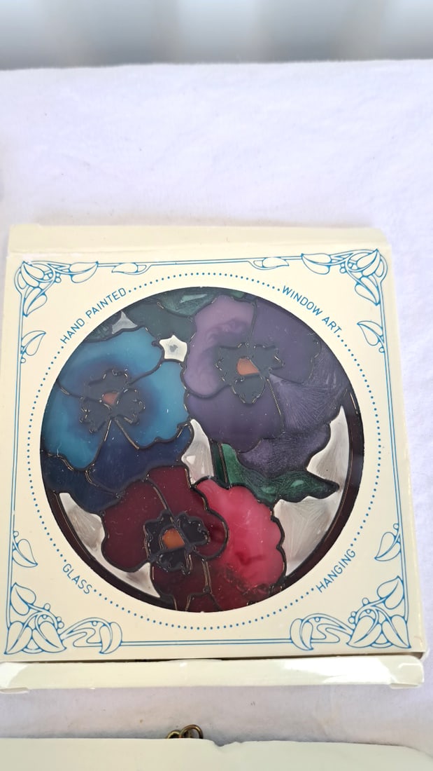 Joan Baker 4 Hand Painted Glass Window Art Hangings Butterfly Hummingbird Cardinal Flowers - 3