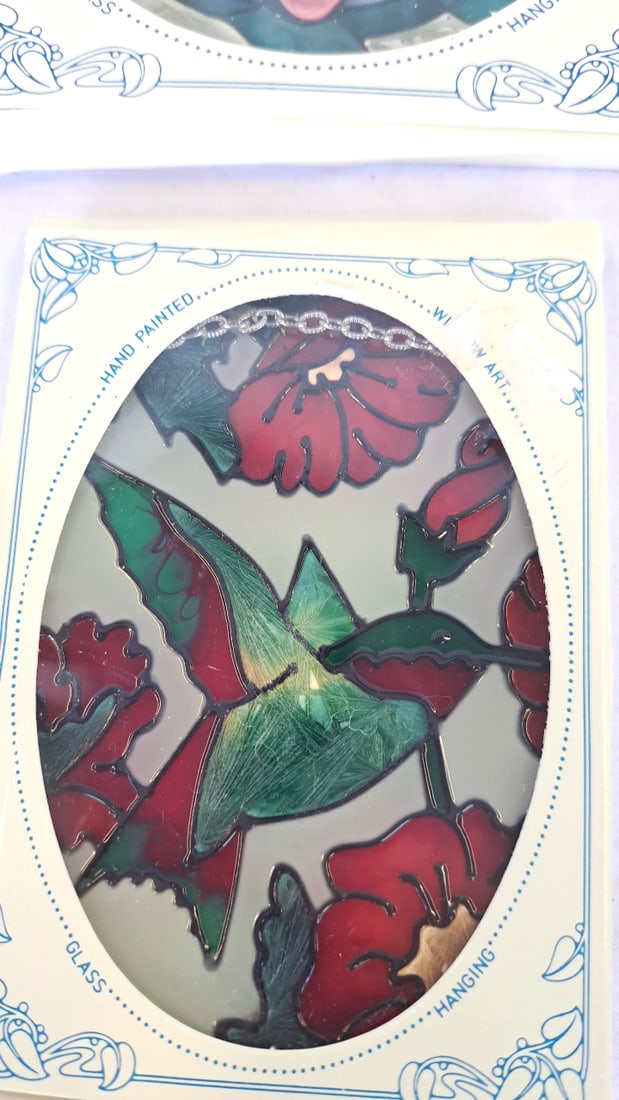 Joan Baker 4 Hand Painted Glass Window Art Hangings Butterfly Hummingbird Cardinal Flowers - 4