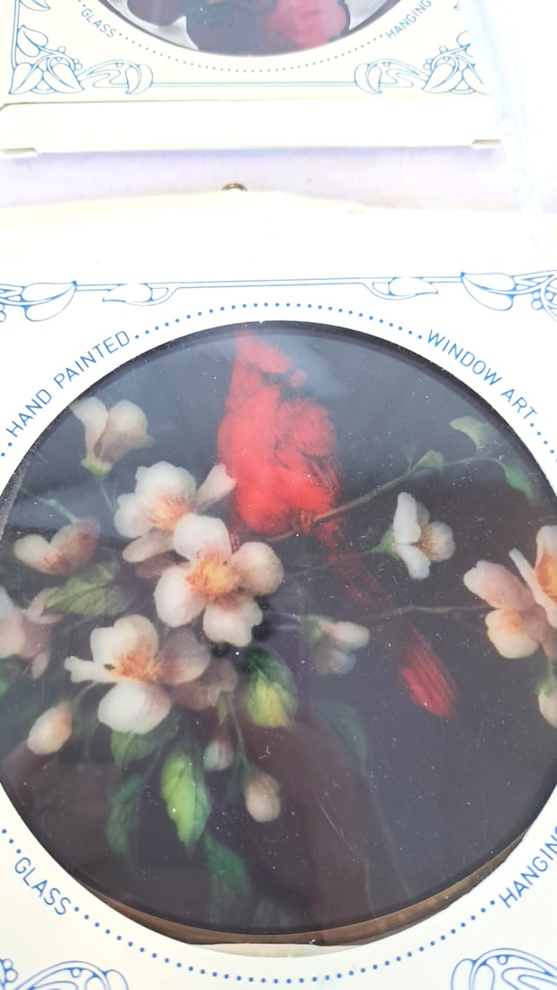 Joan Baker 4 Hand Painted Glass Window Art Hangings Butterfly Hummingbird Cardinal Flowers - 5