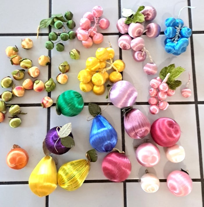 Satin Thread Wrapped Artificial Fruit Ornaments, Grapes Apples Pears Mixed Colors: 12 x 12 x 6in. 1lb Low Estimate: 5.00 High Estimate: 30.00
