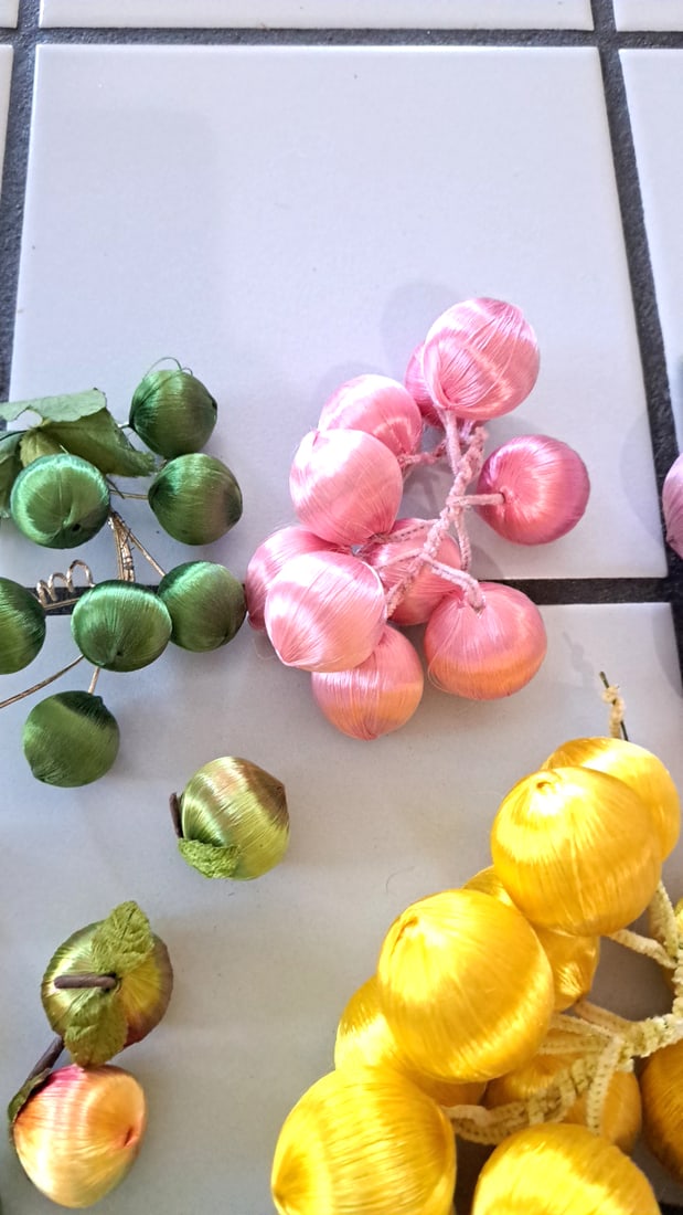 Satin Thread Wrapped Artificial Fruit Ornaments, Grapes Apples Pears Mixed Colors - 3