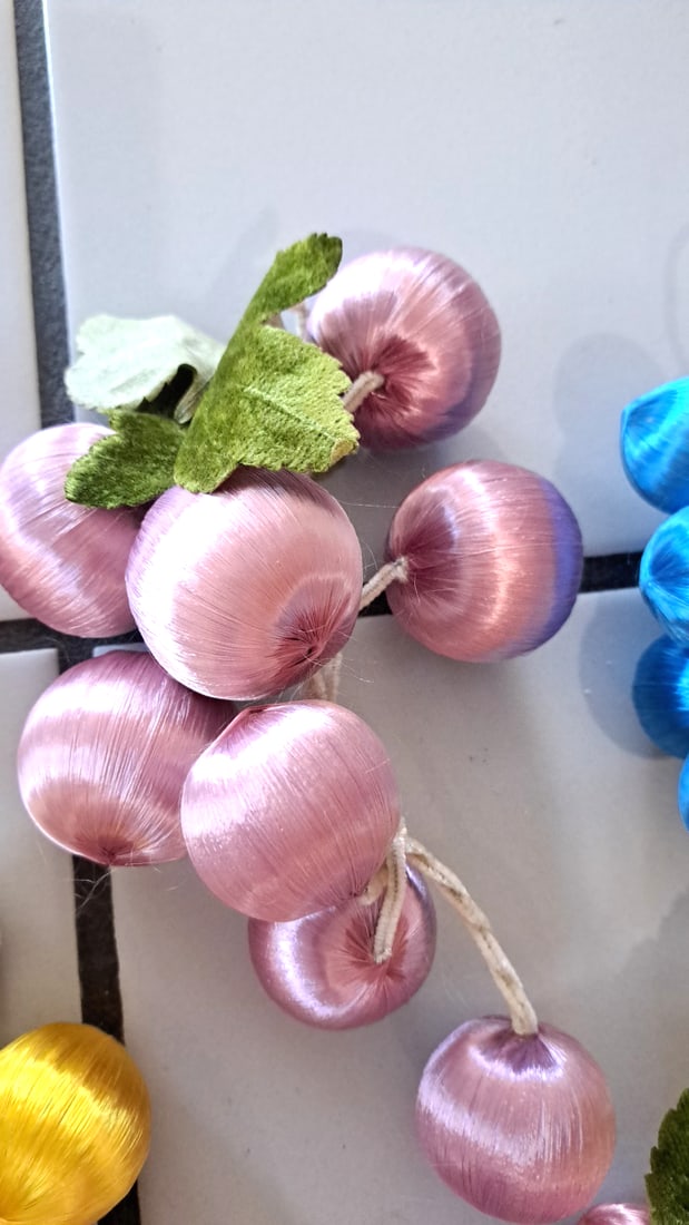 Satin Thread Wrapped Artificial Fruit Ornaments, Grapes Apples Pears Mixed Colors - 4