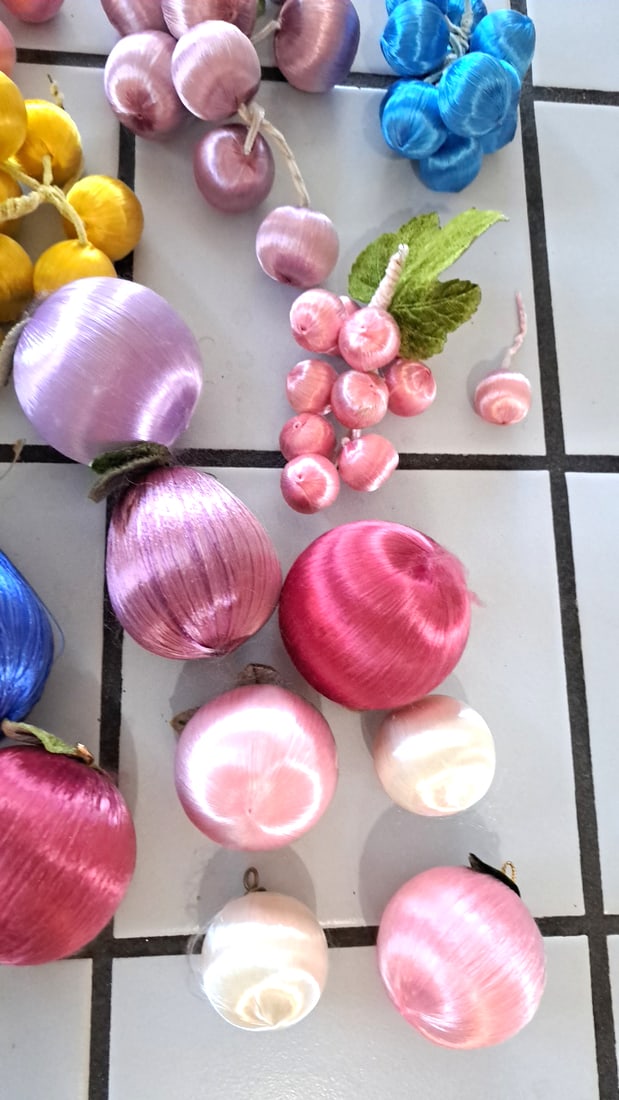 Satin Thread Wrapped Artificial Fruit Ornaments, Grapes Apples Pears Mixed Colors - 6