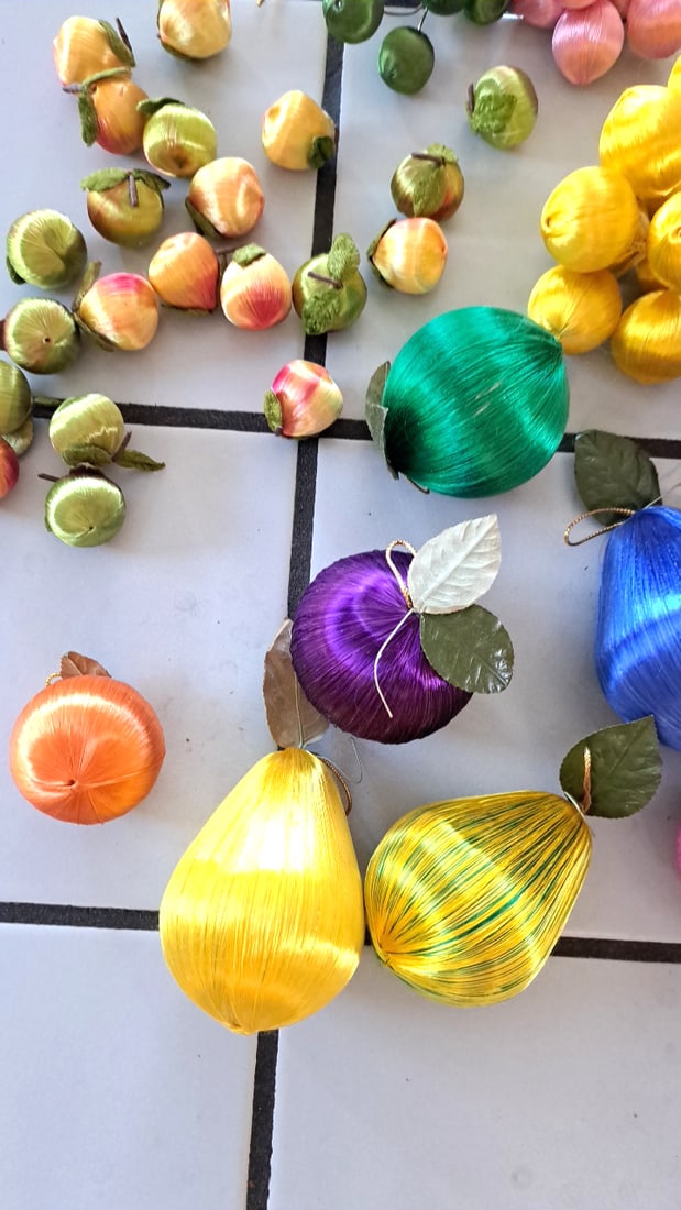 Satin Thread Wrapped Artificial Fruit Ornaments, Grapes Apples Pears Mixed Colors - 7