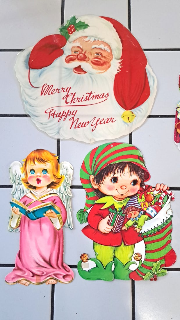 Christmas Cardboard Die-cut Wall Decorations Santa Elf Snowman Wreath Lot - 3