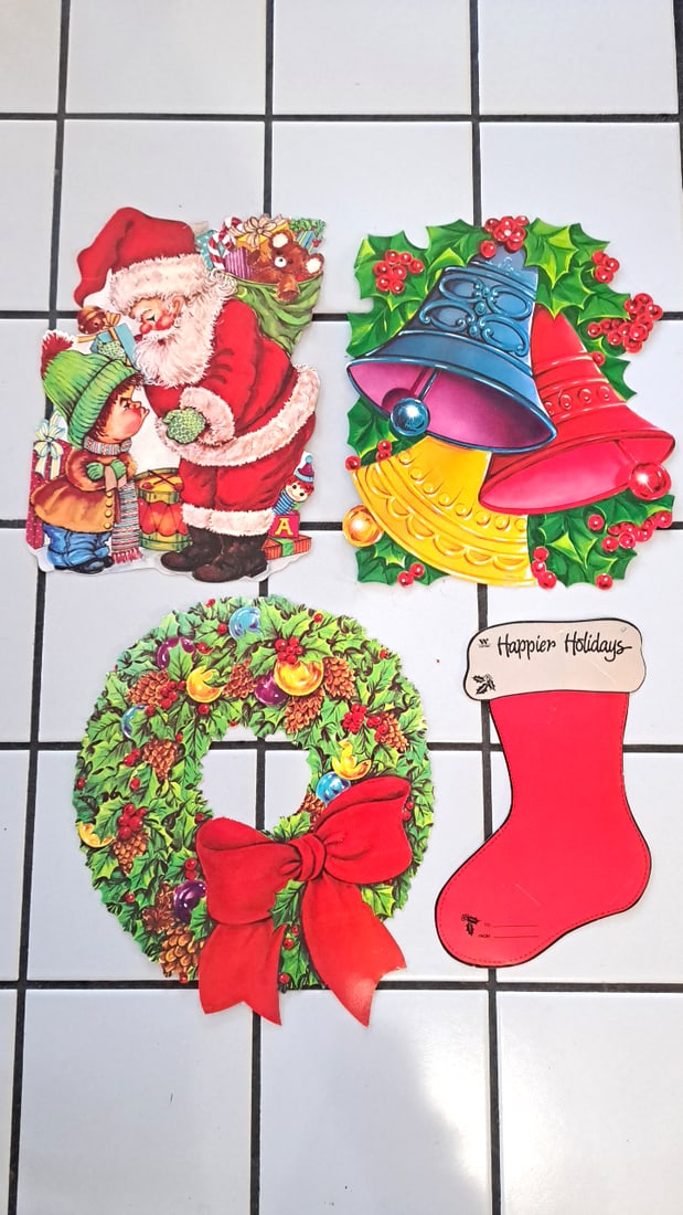 Christmas Cardboard Die-cut Wall Decorations Santa Elf Snowman Wreath Lot - 8