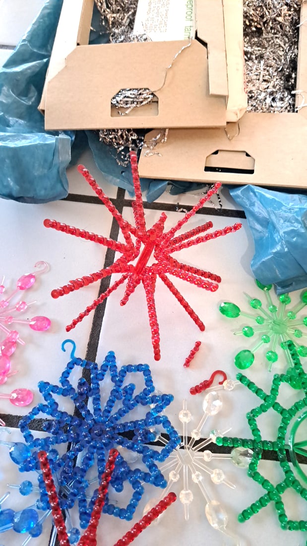 Vintage Christmas Ornament Lot, Plastic Bead Snowflakes, Balls, Tinsel, No. 250 Party Tree, Tree To - 11