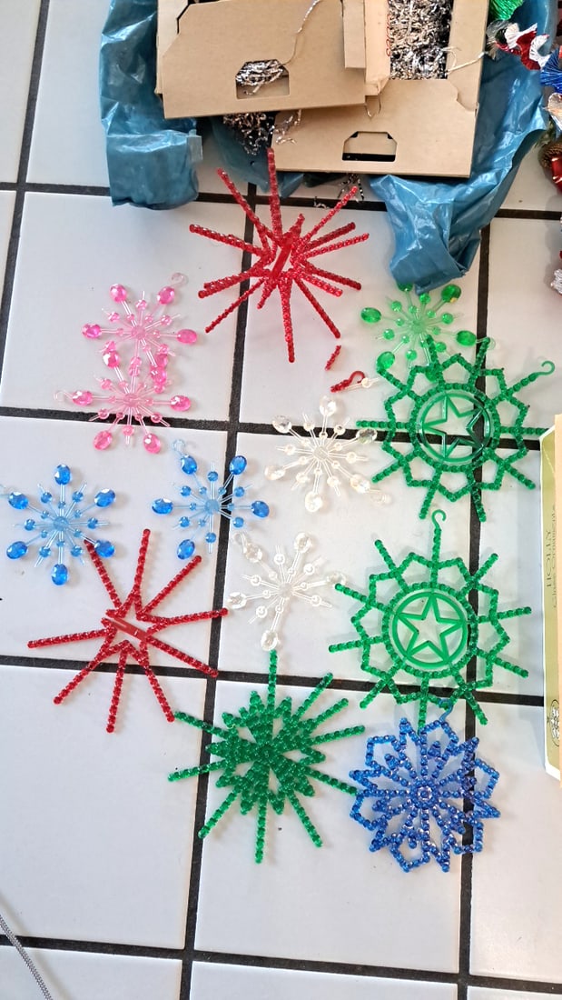 Vintage Christmas Ornament Lot, Plastic Bead Snowflakes, Balls, Tinsel, No. 250 Party Tree, Tree To - 12