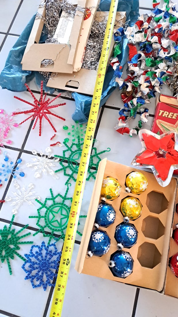 Vintage Christmas Ornament Lot, Plastic Bead Snowflakes, Balls, Tinsel, No. 250 Party Tree, Tree To - 13
