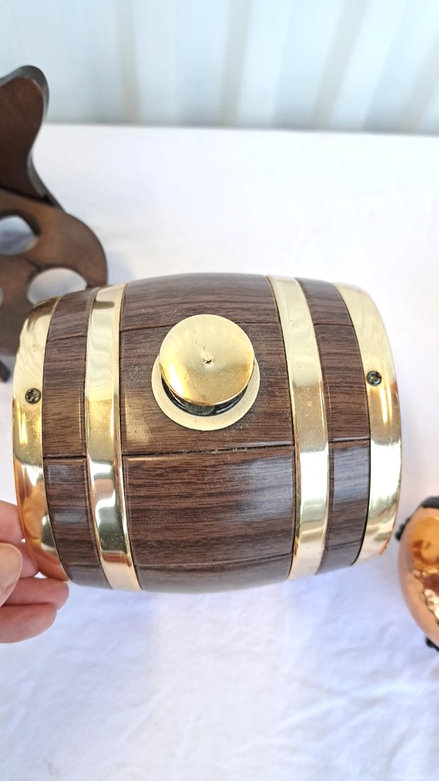 Barrel Beverage Dispenser Faux Wood And Bands, Copper Mug, Cauldron Cup - 12