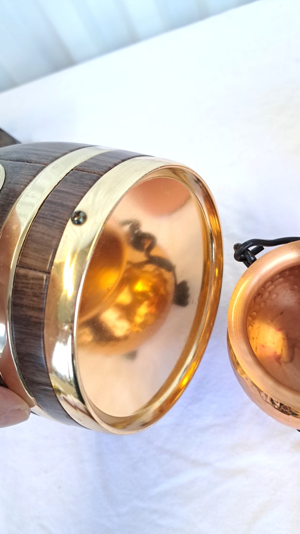 Barrel Beverage Dispenser Faux Wood And Bands, Copper Mug, Cauldron Cup - 14