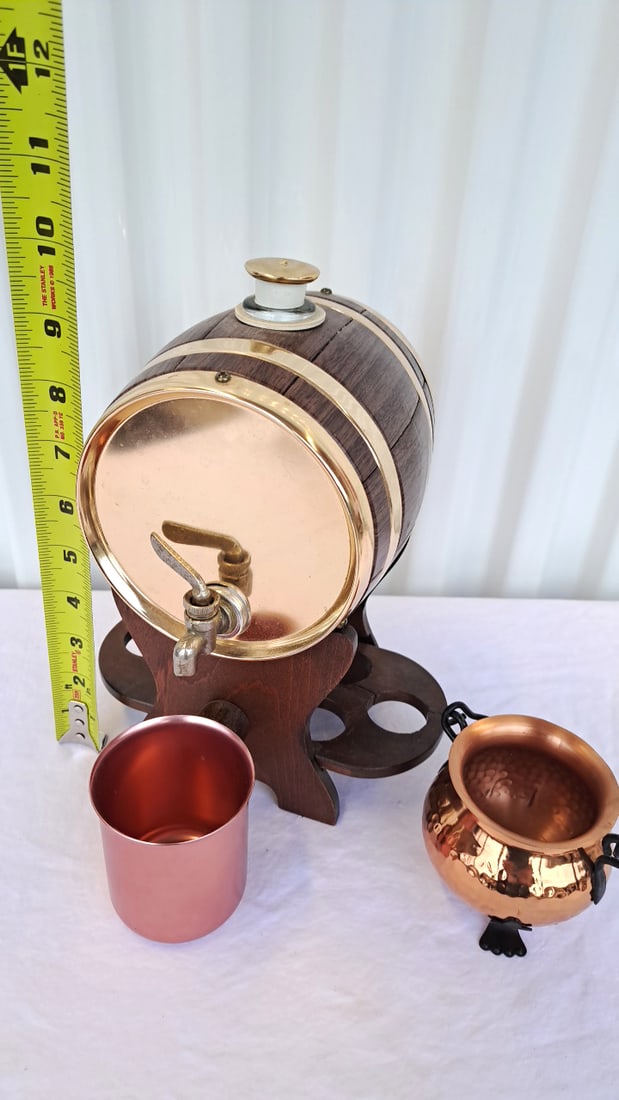 Barrel Beverage Dispenser Faux Wood And Bands, Copper Mug, Cauldron Cup - 6