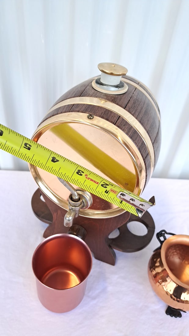 Barrel Beverage Dispenser Faux Wood And Bands, Copper Mug, Cauldron Cup - 7