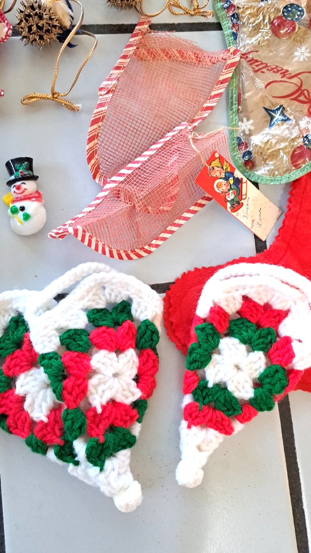 Mixed Christmas Ornament Lot With Nordstrom Merry Mini Fabric Balls, Santa, Snowmen, Stockings - 6