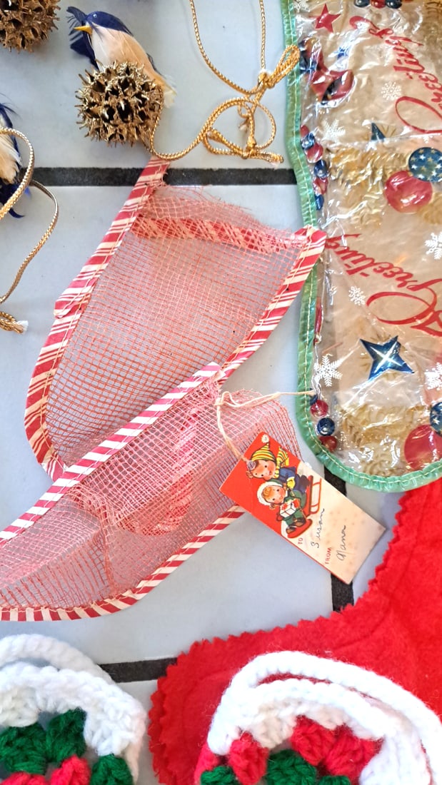 Mixed Christmas Ornament Lot With Nordstrom Merry Mini Fabric Balls, Santa, Snowmen, Stockings - 8