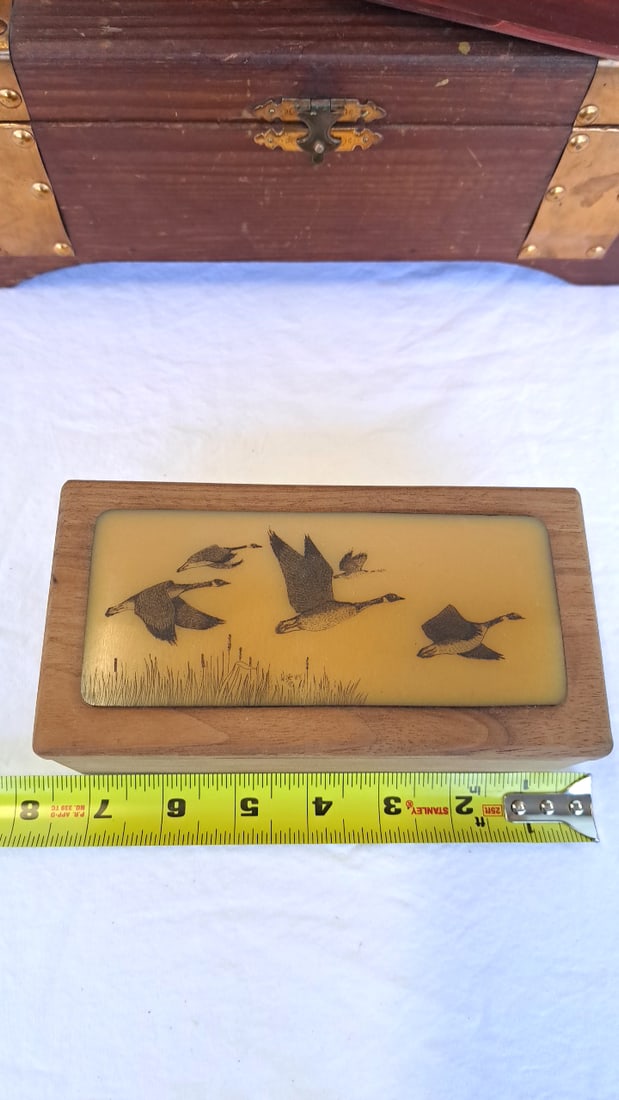 Wooden Boxes Banded Chest, Hinged Case, Duck Inlay Trinket Box - 2