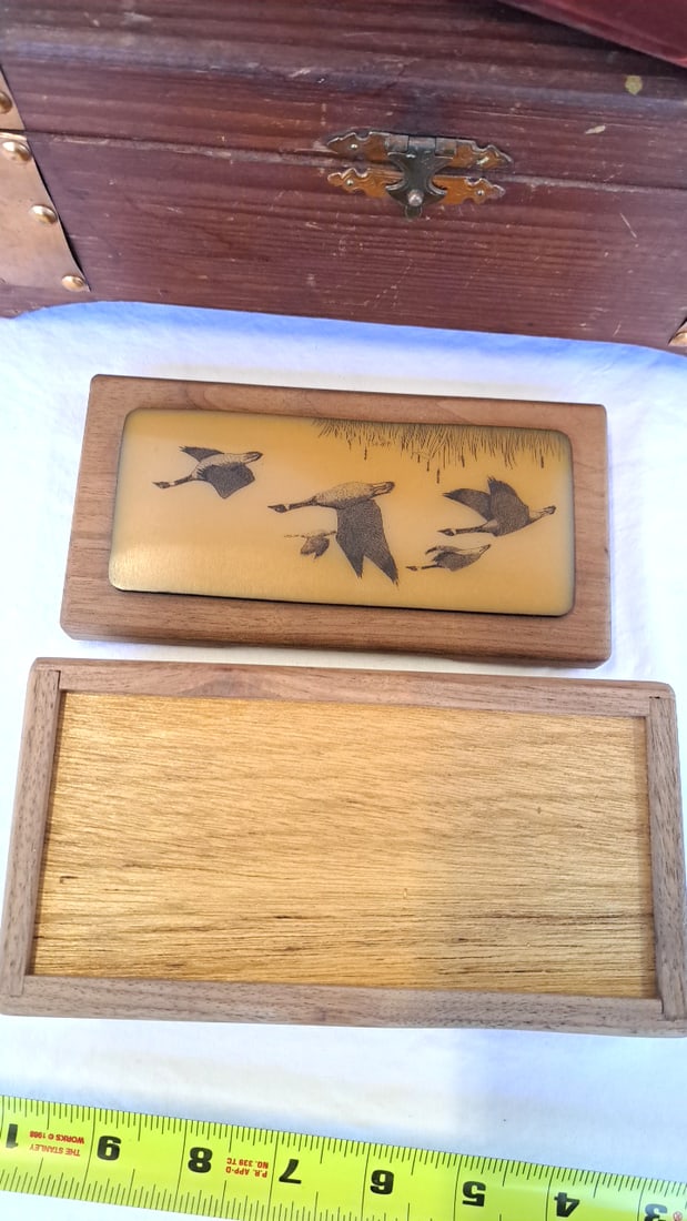 Wooden Boxes Banded Chest, Hinged Case, Duck Inlay Trinket Box - 5