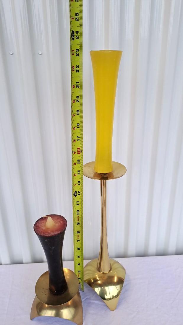 Brass Candlestick Holders, Tall And Short, Curved Tripod Bases - 2