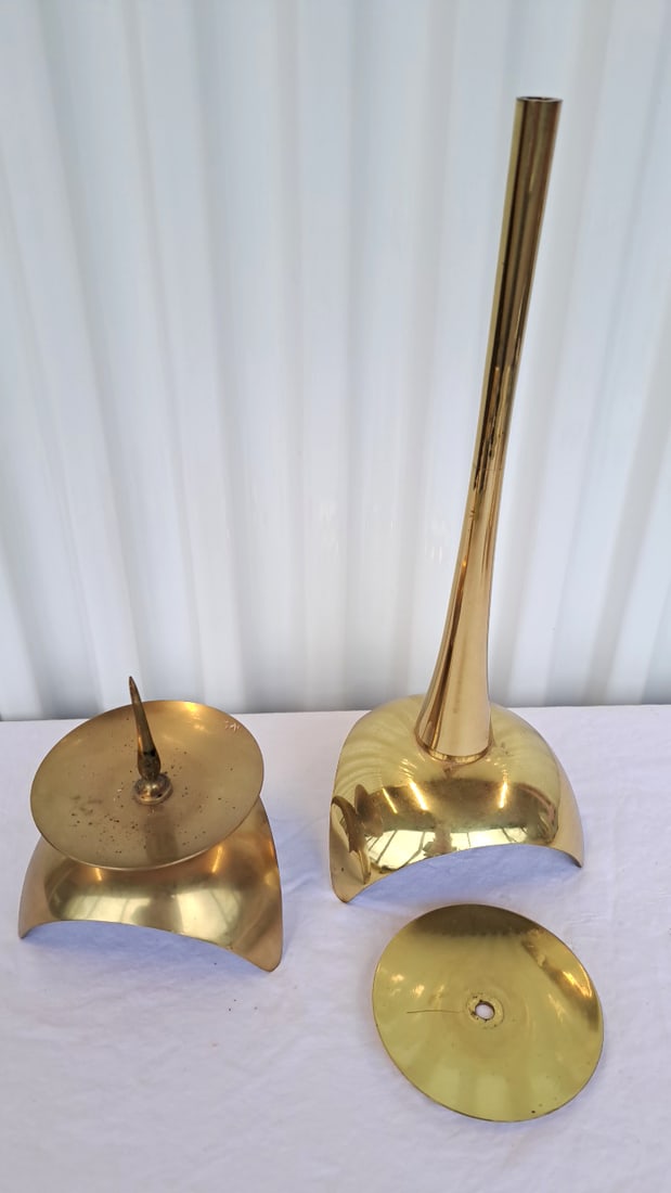 Brass Candlestick Holders, Tall And Short, Curved Tripod Bases - 7