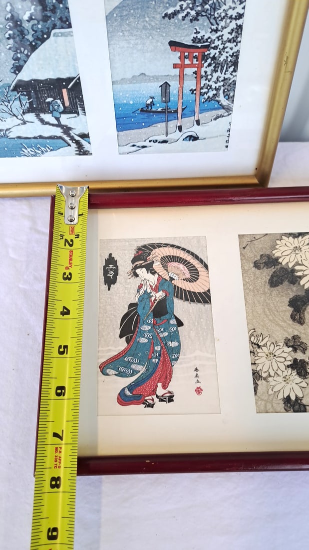 Framed Japanese Woodblock Prints, Geisha, Chrysanthemums Snow Scenes - 2